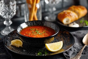 A bowl of vibrant red soup, garnished with fresh herbs, sits on a dark plate with lemon slices.  Breadsticks and rolls are visible in the background.  Elegant glassware completes the table setting