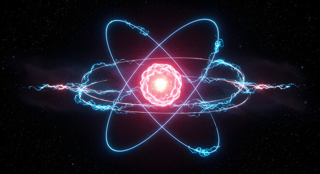 Atomic Essence: A glowing, stylized atom model, with its nucleus radiating energy amidst orbiting electrons, against a backdrop of cosmic stardust and boundless darkness.