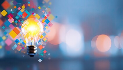 Glowing lightbulb amidst colorful geometric shapes, blurred background