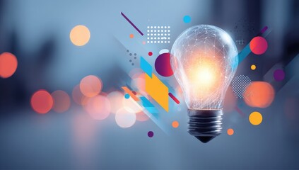 Glowing lightbulb surrounded by abstract shapes, against a blurred background of colorful bokeh