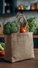 Reusable burlap bag filled with fresh produce, kitchen background