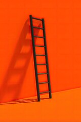 Dark green ladder casts shadow on vibrant orange wall
