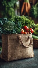 Rustic burlap bag filled with fresh produce
