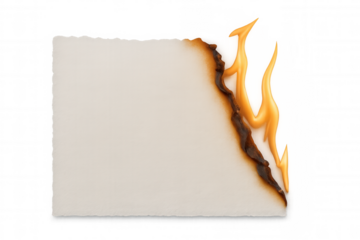 Burning white paper engulfed in flames against a transparent background, perfect for creative compositing and artistic expression