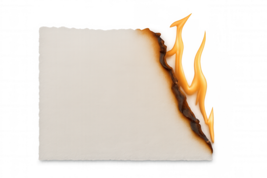 Burning white paper engulfed in flames against a transparent background, perfect for creative compositing and artistic expression