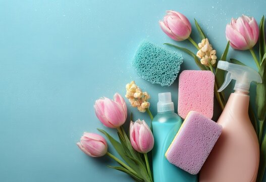 Spring cleaning supplies arranged with tulips and hyacinths on a light blue background - Powered by Adobe
