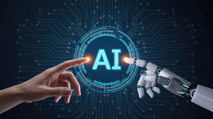 Human and robot hands touching AI interface to activate future technology and innovation