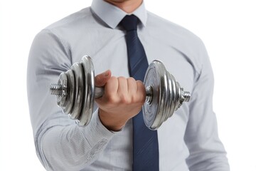 Close-up of a man in a light-colored dress shirt and tie holding a dumbbell