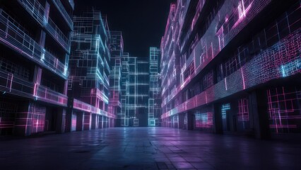 Vibrant Neon Grid Cityscape: Glowing Pink and Blue Wireframe Buildings Reflecting Digital Future