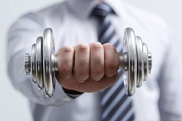Close-up of a hand holding a dumbbell.  Businessman in light shirt and tie