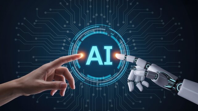 Human and robot hands touching AI interface to activate future technology and innovation
