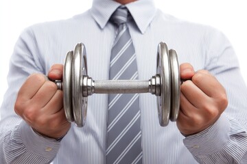 Businessman holding dumbbell. Midsection of a man in a light-colored shirt and tie.  His hands hold a metallic dumbbell.  Focus on the hands and dumbbell.  White background