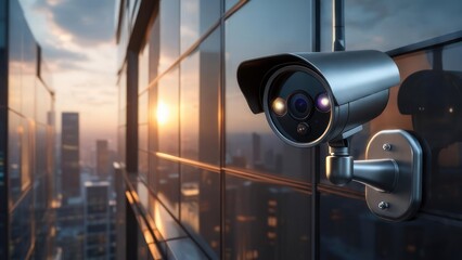 Vigilant Security Camera on Skyscraper's Glass Facade Reflecting Golden Hour Cityscape