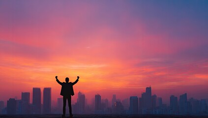 Silhouette of a triumphant figure against a vibrant sunrise cityscape