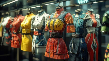 Futuristic female fashion displayed on mannequins.