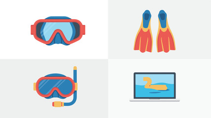 Fototapeta premium Flat Icons of Snorkeling Gear and a Laptop with a Duck diving mask