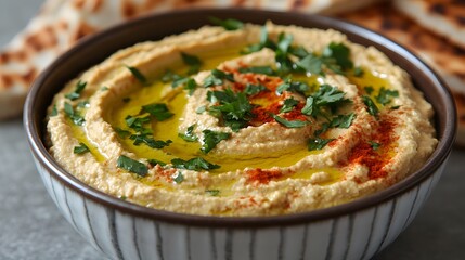 Creamy hummus in a bowl, garnished with fresh herbs and a drizzle of oil, sits ready to be enjoyed.