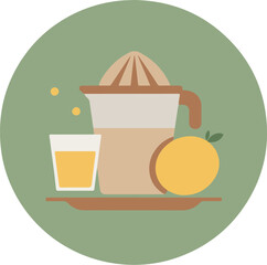 Fresh orange juice preparation with citrus juicer, orange, and glass on a brown tray