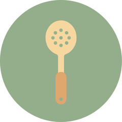 Close-up of a slotted spoon with a light beige head and warm orange handle against a solid green background