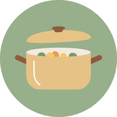 Rustic cooking pot with stew or soup on a green background