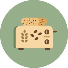 Light beige toaster with wheat stalk and coffee bean designs, two slices of toast, and dark brown knobs on a soft green background