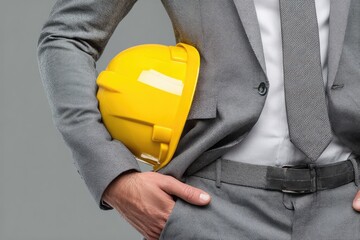Close-up of a man in a suit holding a yellow hard hat