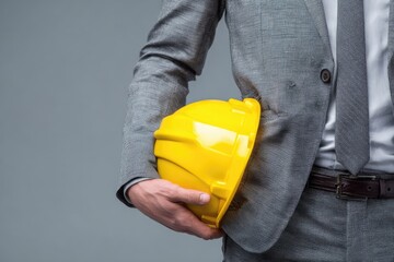 Close-up of a man in a gray suit holding a yellow hard hat (2)