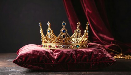 Ornate golden crown resting on a burgundy velvet cushion, draped with a rich crimson fabric