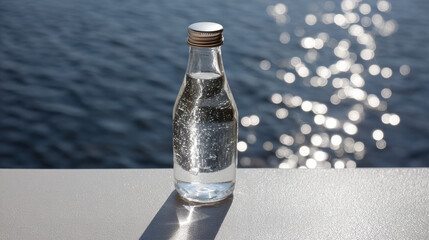 glass water bottle sits under bright sun glistening with condensation