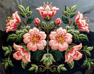 Detailed embroidery of symmetrical floral bouquet, in pinks and greens on dark background