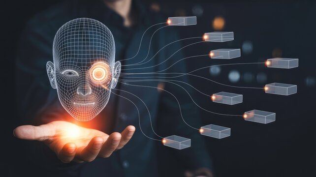 Innovative AI head in hand representing data flow, neural networks and machine learning technology