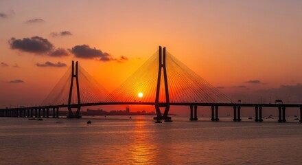 Dramatic sunset over the Bandra Worli Sea Link, Mumbai, India landscape