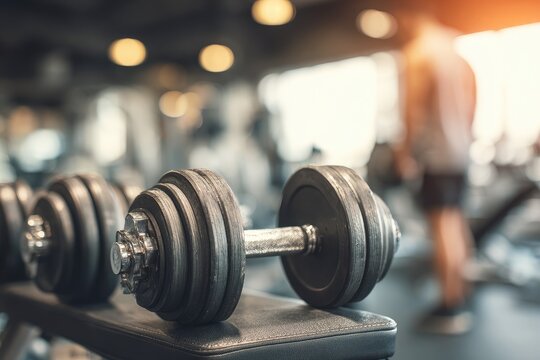 Pair of gray dumbbells rest on a weight bench in a gym.  Blurred figures of people working out in the background