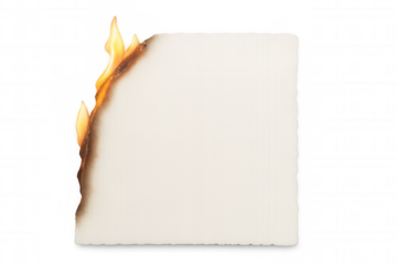 Burning white paper sheet, consuming flames spreading across transparent backdrop, illuminating creative graphic design potential
