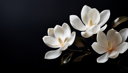 Obraz premium white magnolia flowers on black background in minimalist style