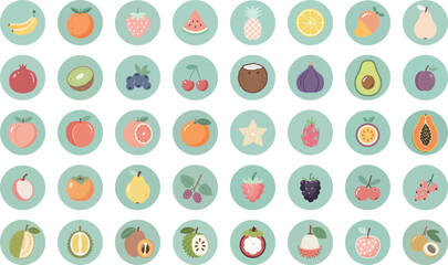 A set of 40 flat-style fruit icons in circular frames on a light green background