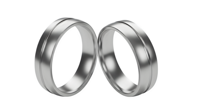 Two elegant silver wedding bands symbolizing commitment and eternal love together on transparent background