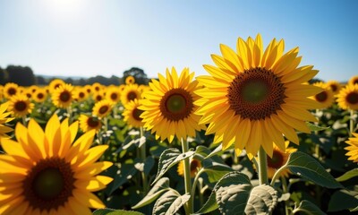 Obraz premium Vibrant yellow sunflowers in full bloom, stretching towards the sun in a vast field. Golden petals and tall stalks create a breathtaking summer landscape, yellow, sunshine