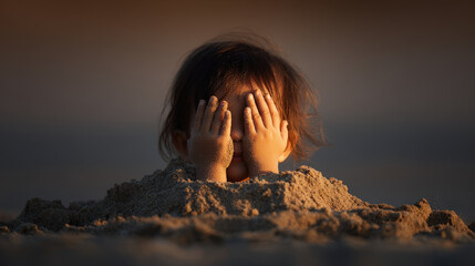 playful child joyfully hides their face from bright sun with small hands feeling warm rays