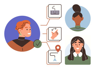Three individuals connected with workflow diagrams, showing a keyboard, gesture control, and location. Ideal for teamwork, communication, planning, networking, management collaboration simple flat