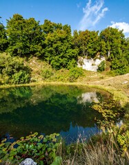Serene mountain lake, lush trees