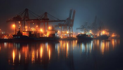 Fototapeta premium Misty harbor at night, cargo ships and cranes