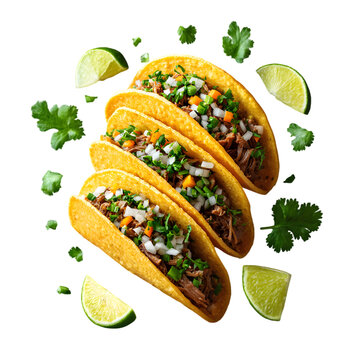 slices of Mexican street tacos with visible carnitas and chopped onions suspended