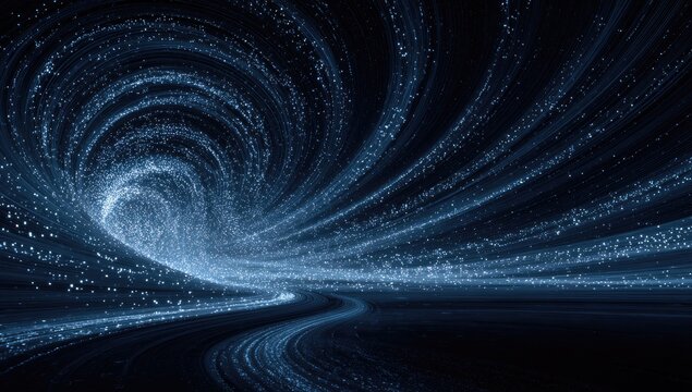 Abstract swirling tunnel of light.  Deep blue swirling vortex,  streaked with glowing particles