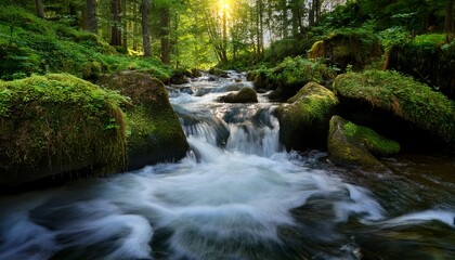 a powerful mountain river cascades over mossy rocks through a dense wild forest