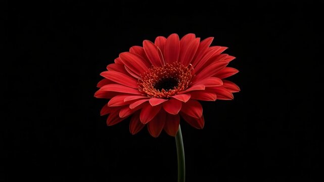A vibrant red gerbera daisy blooms elegantly against a black backdrop. The petals radiate outward, showcasing intricate textures and rich colors