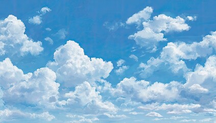 Wide shot of a vibrant blue sky dotted with fluffy white cumulus clouds