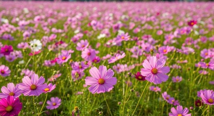 Obraz premium Pink and white cosmos flowers in a field