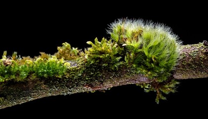 moss and lichen growing on a branch macro shot against black background close up detail natural forest floor