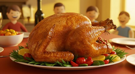 Sumptuous golden roasted turkey centerpiece garnishes a festive holiday dinner table, promising warm family gatherings and delicious celebrations.
